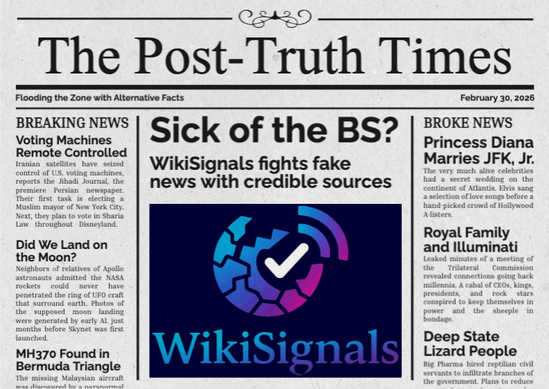 Newspaper called The Post-Truth Times with conspiracy fantasy article excerpts.
