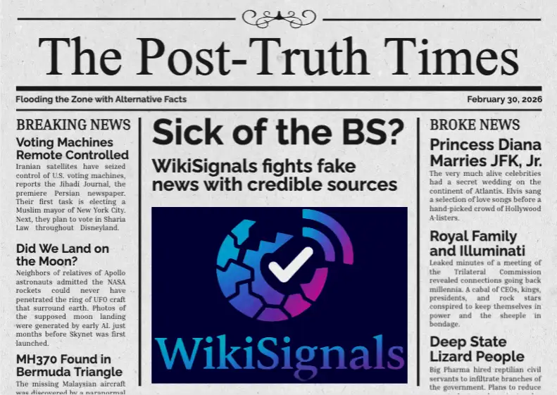 The Post-Truth Times, satirical newspaper front page with articles like Princess Diana Marries JFK, Jr. and Voting Machine Remote Controlled